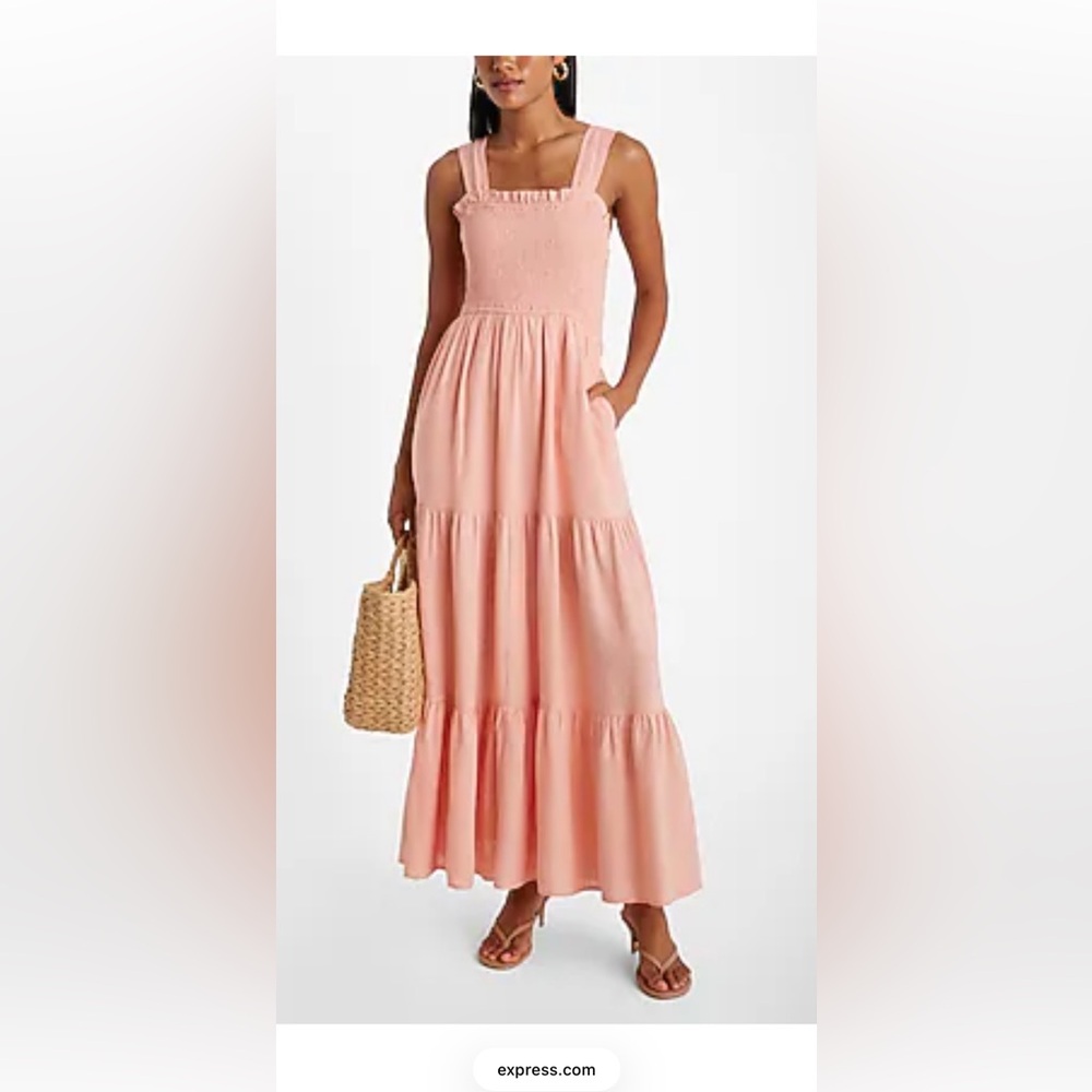 Express Smocked Tiered Dress in Peach Pink